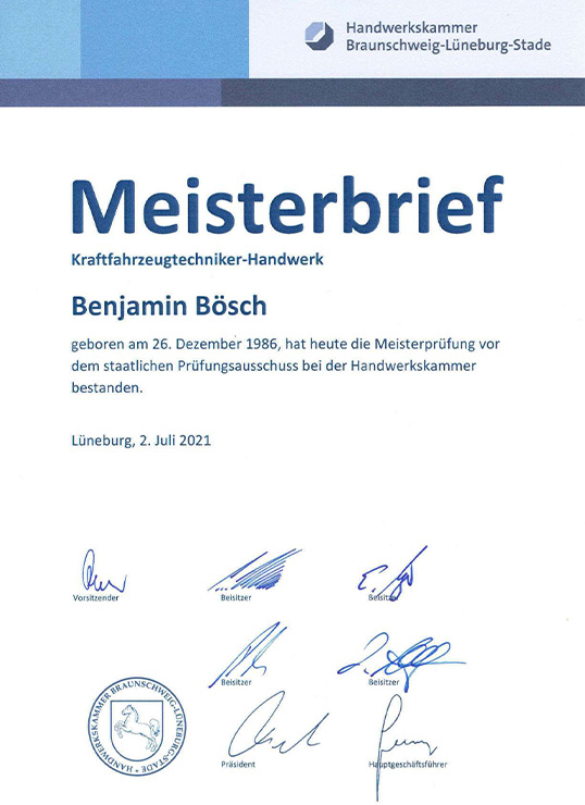 Meisterbrief - Handelskammer Braunschweig, Lüneburg, Stade
